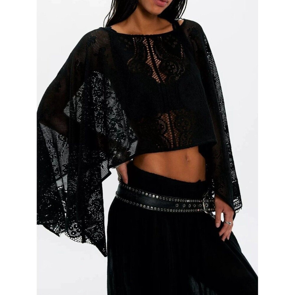 Free People Elsa Poncho Cropped Top Sheer Crochet Lace Draped Black OS 290717